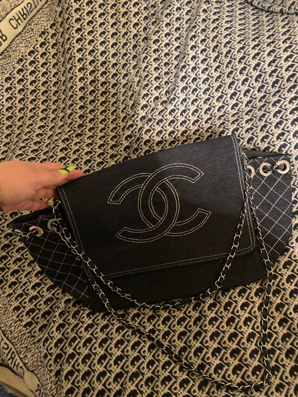 CHANEL Blue Quilted Denim Flap Shoulder Bag with Chain Strap